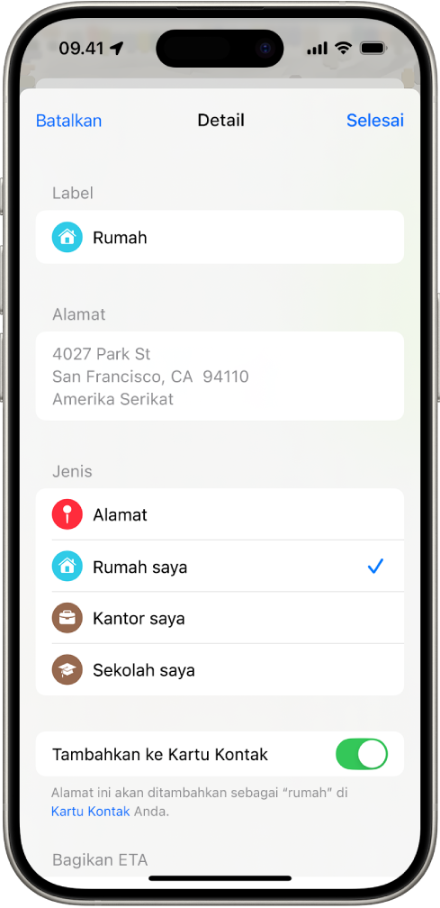 App Peta menampilkan layar Detail dengan pilihan untuk mengatur alat sebagai rumah, kantor, atau sekolah.