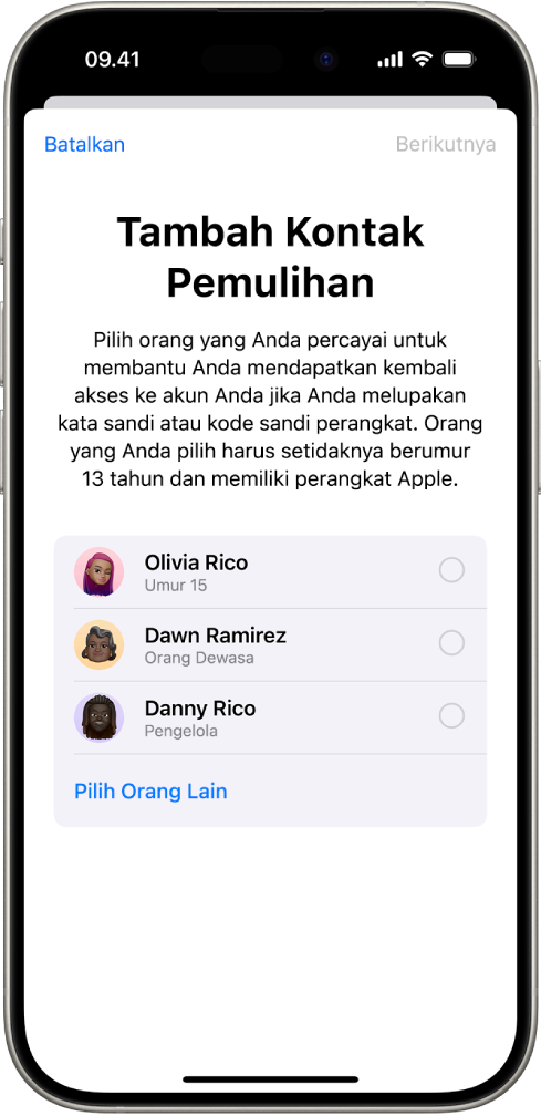 Layar Tambah Kontak Pemulihan.