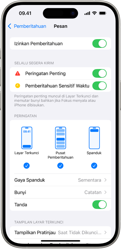 iPhone dengan pengaturan Pesan untuk pemberitahuan dan peringatan.