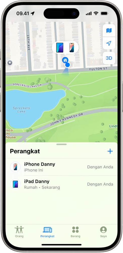 Layar Lacak menampilkan dua perangkat di rumah.