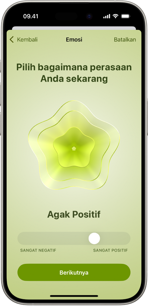 Layar di app Kesehatan mengidentifikasi suasana hati saat ini sebagai Agak Positif. Di bagian bawah layar terdapat penggeser untuk menyesuaikan level emosi.