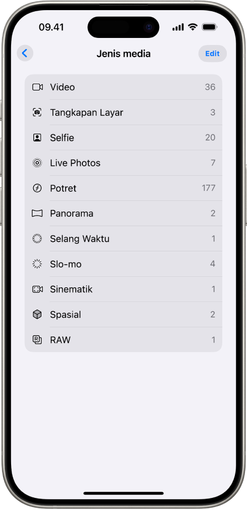 Di app Foto, koleksi Jenis Media terbuka, menampilkan daftar koleksi foto.