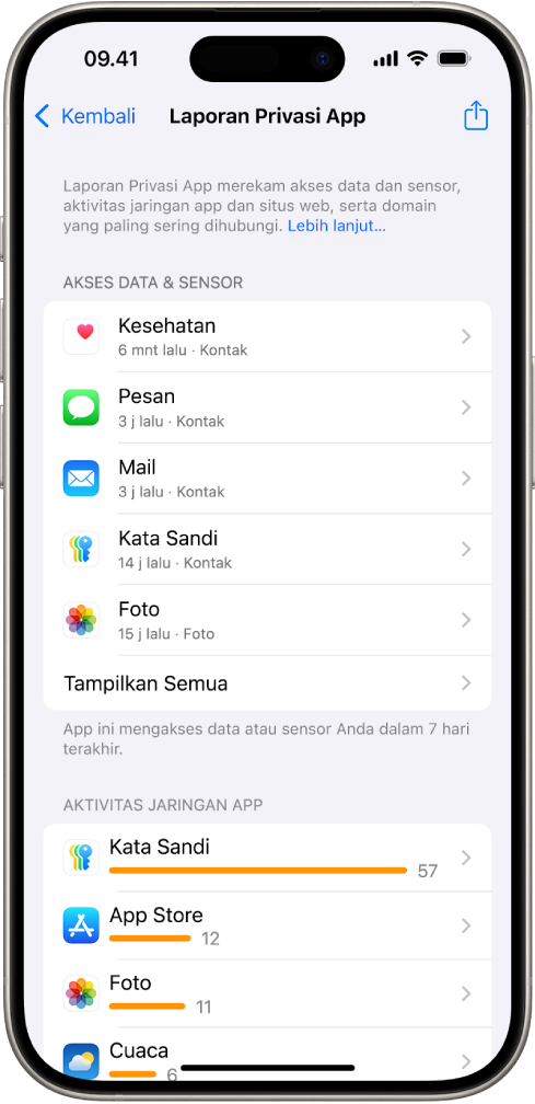 Laporan Privasi App yang mencantumkan informasi mengenai app untuk kategori Akses Data & Sensor, serta informasi mengenai app untuk kategori Aktivitas Jaringan App.