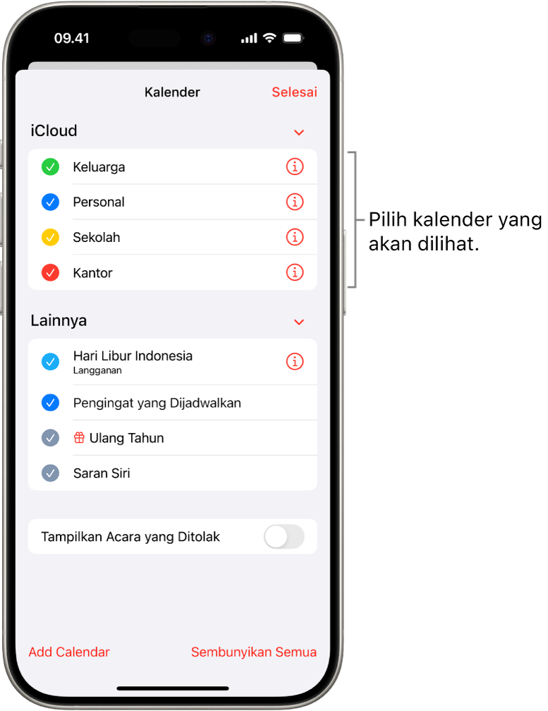 Daftar Kalender, dengan tanda centang yang menunjukkan kalender mana yang aktif. Tombol Selesai untuk menutup daftar berada di pojok kanan atas.