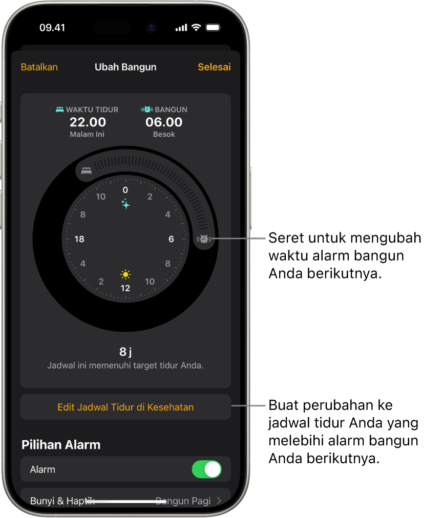 Layar untuk mengubah alarm bangun berikutnya. Posisi tombol alarm berdering mengatur waktu alarm.