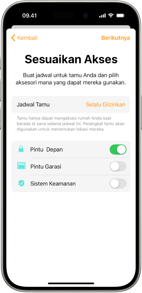 Layar Sesuaikan Akses di app Rumah, menampilkan Jadwal Tamu dan akses untuk Pintu Depan, Pintu Garasi, dan Sistem Keamanan.