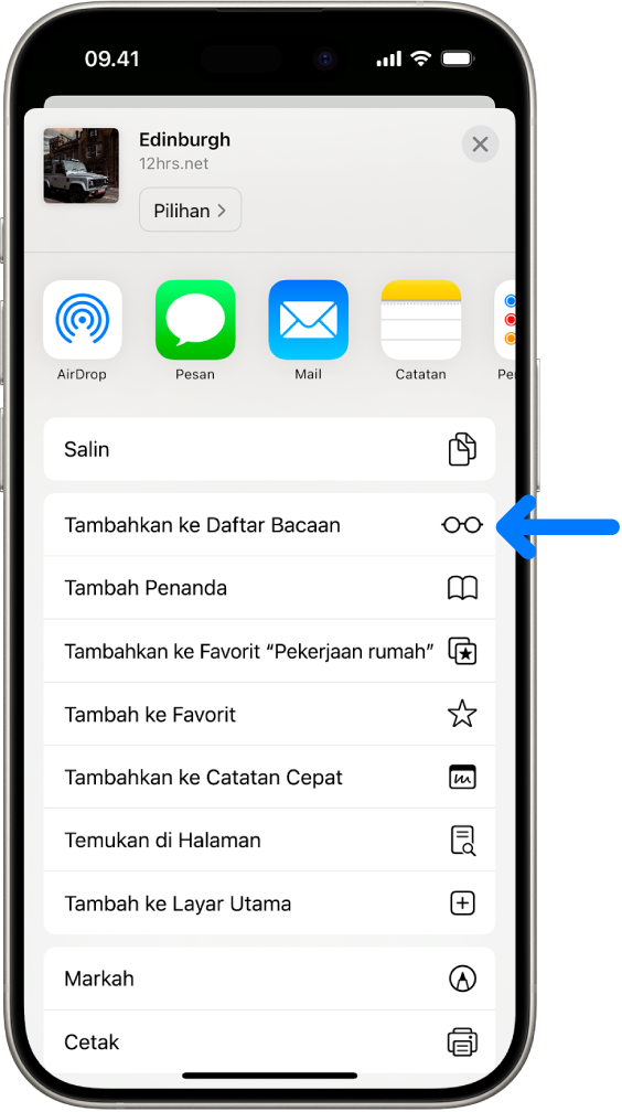 Di Safari, tombol Bagikan di halaman web telah diketuk, menampilkan daftar pilihan, termasuk Tambahkan ke Daftar Bacaan.