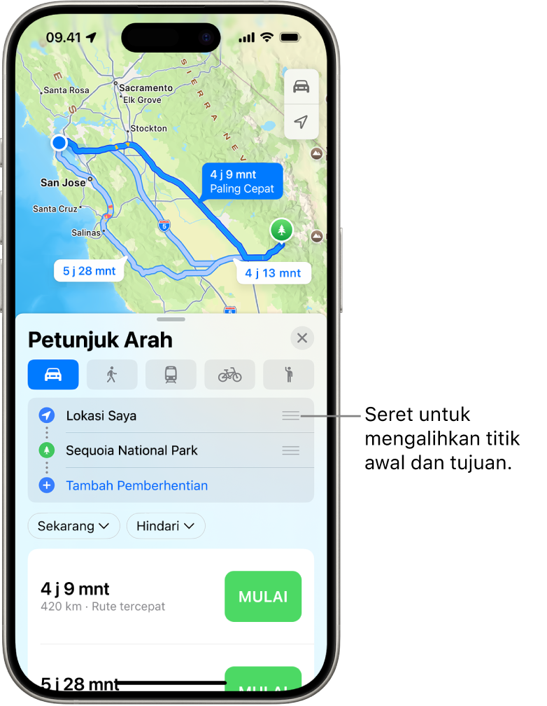 Peta dengan beberapa kemungkinan rute untuk petunjuk arah berkendara antara Lokasi Saya dan tujuan.