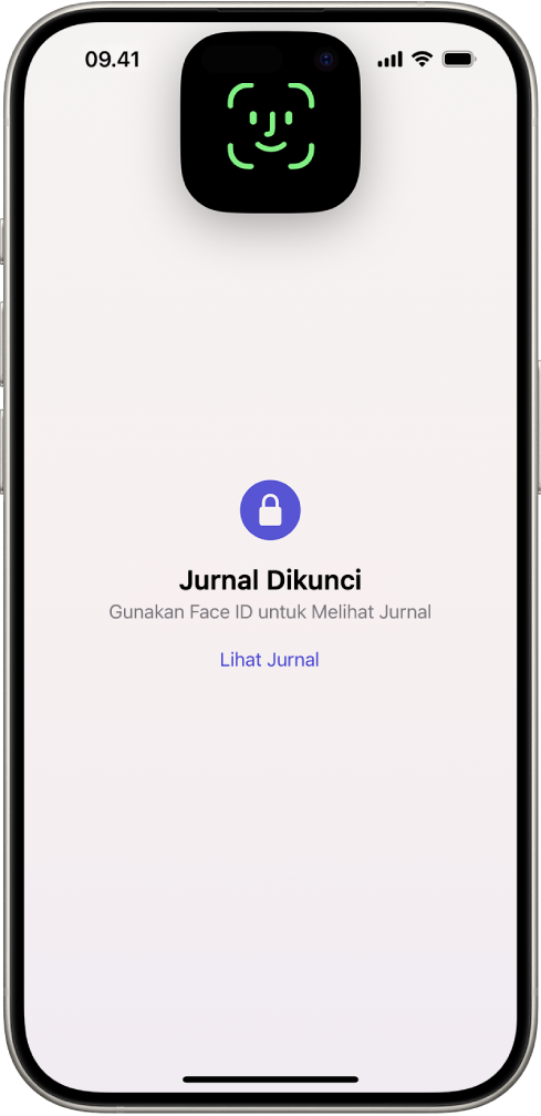 Layar yang meminta Anda untuk menggunakan Face ID untuk membuka jurnal Anda.