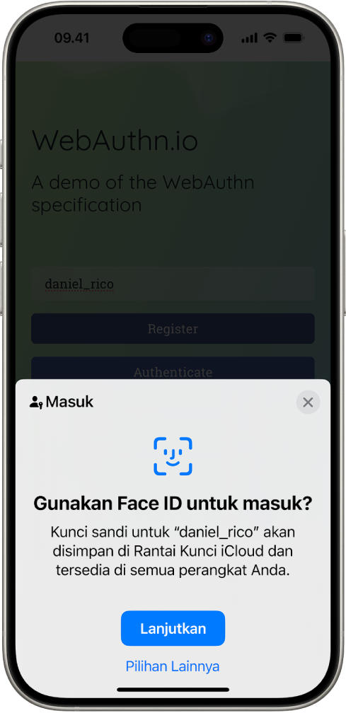 Layar masuk yang muncul saat kunci sandi disimpan untuk akun. Tombol Lanjutkan dan Pilihan Lainnya berada di bagian bawah layar.