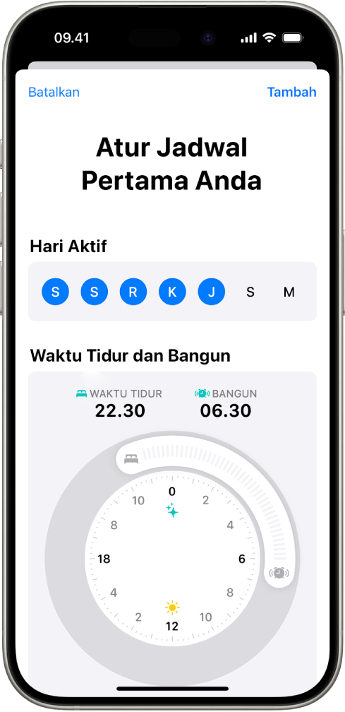 Layar Atur Jadwal Pertama Anda di Kesehatan, dengan bagian Hari Aktif dan jam Waktu Tidur dan Bangun.