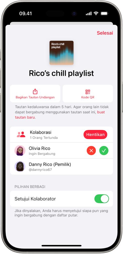 Layar Kelola Kolaborasi di app Musik.