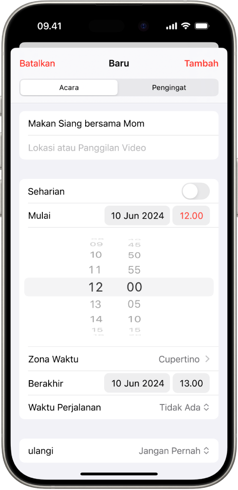 Acara kalender menampilkan pengaturan untuk waktu dan zona waktu acara.