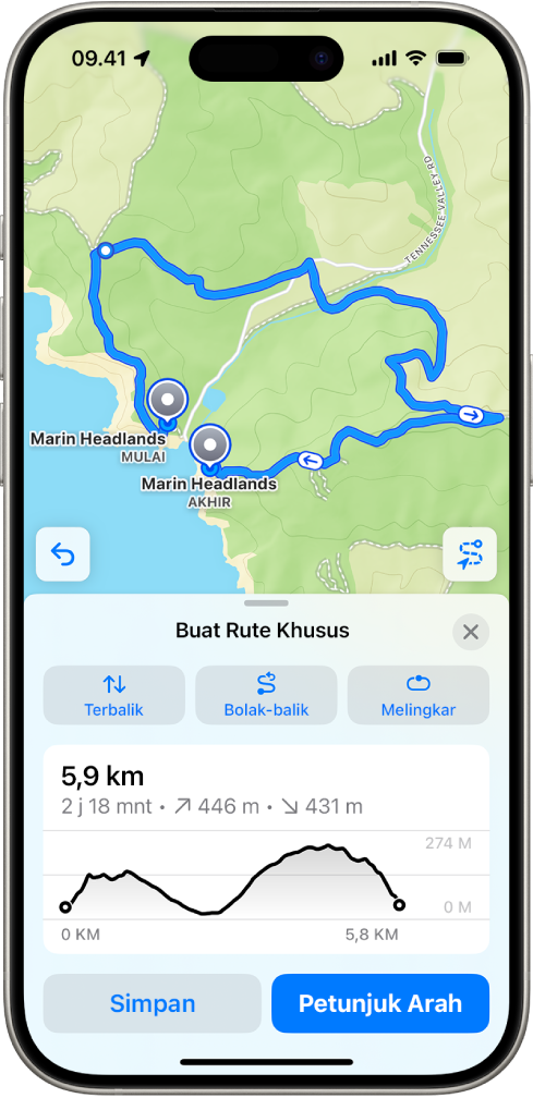Rute khusus di app Peta, dengan jarak, profil elevasi, estimasi waktu, dan pilihan untuk menyimpan atau mendapatkan petunjuk arah ke awal rute.