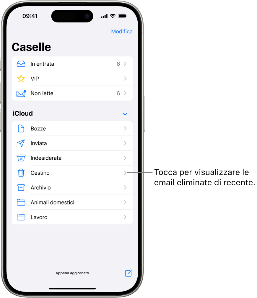 La schermata delle caselle di posta. Sotto iCloud, vengono elencate le caselle dall’alto in basso, incluso il cestino. Toccalo per visualizzare i messaggi email che hai eliminato di recente.