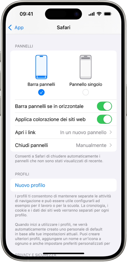 Una schermata che mostra due opzioni di layout per Safari: la barra dei pannelli e l’opzione a pannello singolo.