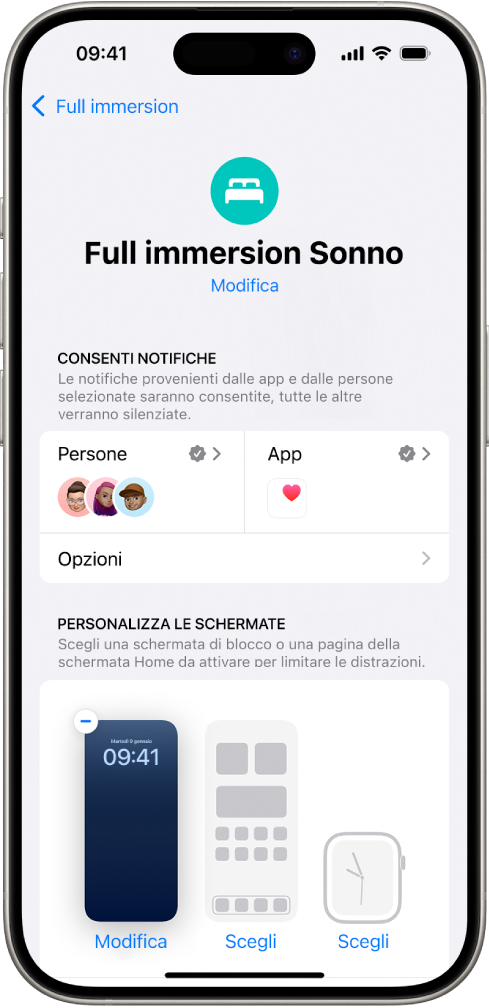 La schermata della full immersion Sonno che mostra che tre persone e un’app possono inviare notifiche.