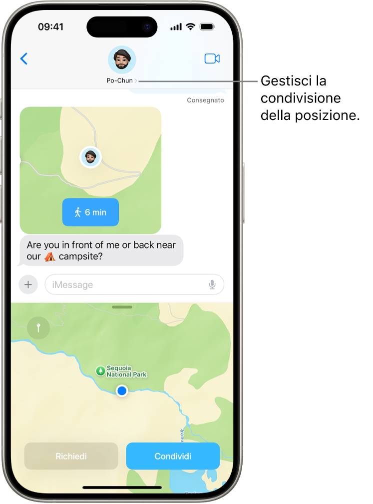 Una conversazione di Messaggi con una posizione condivisa.