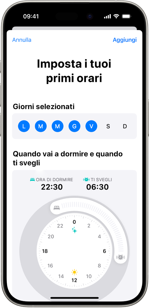 La schermata “Imposta i tuoi primi orari” nell’app Salute con la sezione “Giorni selezionati” e l’orologio con gli orari per andare a dormire e svegliarsi.