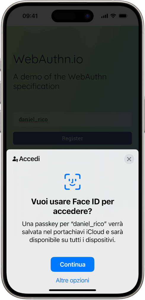 Una schermata di accesso che compare quando viene salvata una passkey per un account. Nella parte inferiore dello schermo sono presenti i pulsanti Continua e “Altre opzioni”.