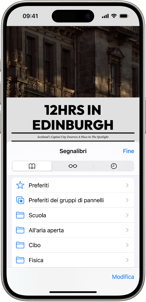Lo schermo Segnalibri, con le opzioni per visualizzare i segnalibri, l’elenco di lettura e la cronologia di ricerca.