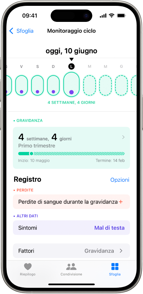 La schermata di “Monitoraggio ciclo” che mostra la timeline di una gravidanza per una settimana nella parte superiore dello schermo. I primi giorni della timeline sono contrassegnati con ovali di colore verde chiaro e punti viola. Gli altri giorni della timeline sono contrassegnati da ovali tratteggiati d colore verde chiaro. Sotto la timeline è presente il riepilogo della gravidanza, con l’età gestazionale, la data di inizio e la data di termine prevista. Sotto il riepilogo della gravidanza sono presenti opzioni per aggiungere informazioni sulle perdite di sangue durante la gravidanza, sui sintomi e altro ancora.