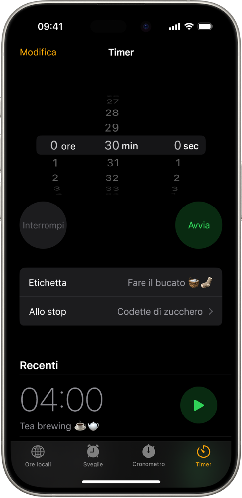 Una schermata in cui viene aggiunto un timer, con le opzioni per selezionare le impostazioni e il pulsante per avviarne uno creato di recente.