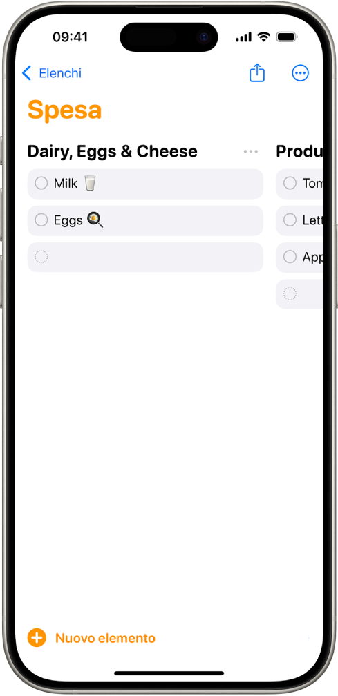 L’app Promemoria che mostra una lista della spesa con le voci suddivise per categorie organizzate in colonne.