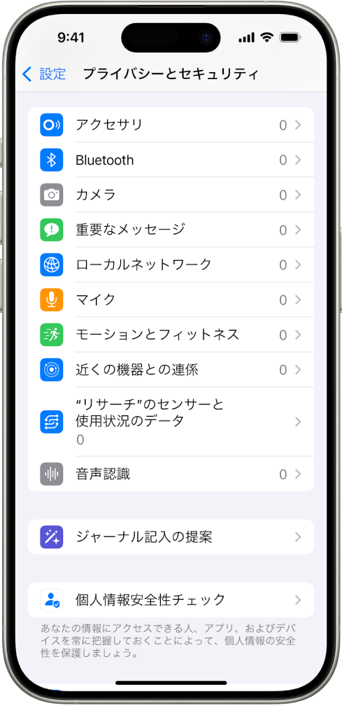 「プライバシーとセキュリティ」画面。アプリでiPhoneのカメラやマイクなどのパーツを使用できるかどうかを制御する設定が表示されています。