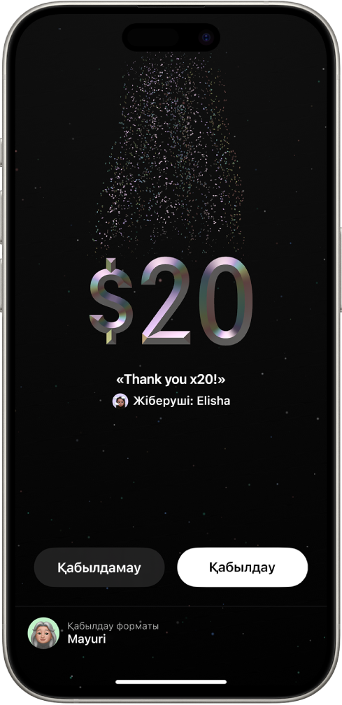 $20 жіберіліп жатқанын және экранның төменгі жағында «Қабылдамау» және «Қабылдау» түймелерін көрсетіп тұрған Wallet қолданбасындағы «Түрту арқылы аударым» экраны.