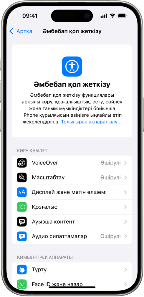 «Көру», «Физикалық» және «Моторика» қолдауы үшін кірістірілген мүмкіндіктерді көрсетіп тұрған «Реттеулер» терезесіндегі «Әмбебап қол жеткізу» экраны. «Есту», «Сөйлеу» және «Жалпы» мүмкіндіктерін көру үшін төмен жылжыңыз.