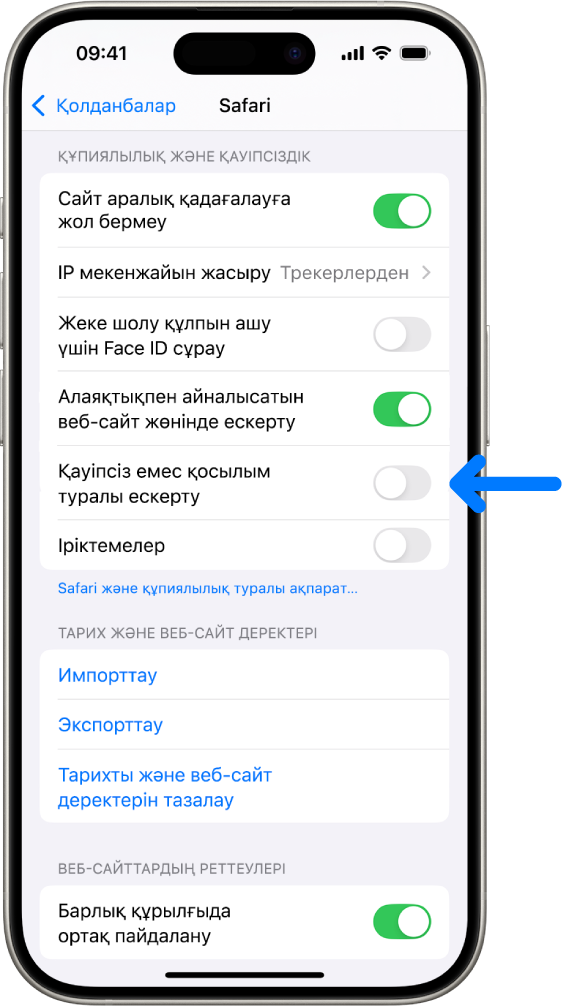 «Реттеулер» қолданбасындағы Safari экранындағы «Құпиялылық және қауіпсіздік» реттеуінің төменінде орналасқан «Қауіпсіз емес қосылым туралы ескерту» басқару элементі.