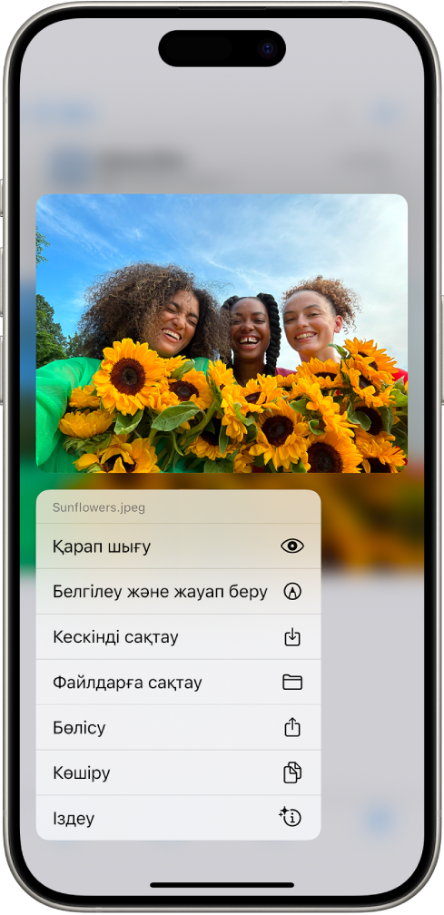 Мүмкін әрекеттер тізімі бар электрондық пошта тіркемесі таңдалған.