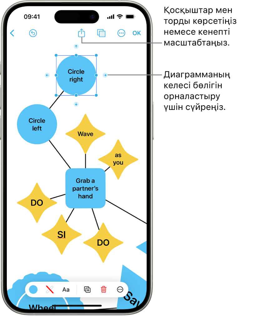Таңдалған пішінде қосқыштарды және экранның төменінде пішінді форматтау құралдары көрініп тұрған Freeform тақтасындағы диаграмма.