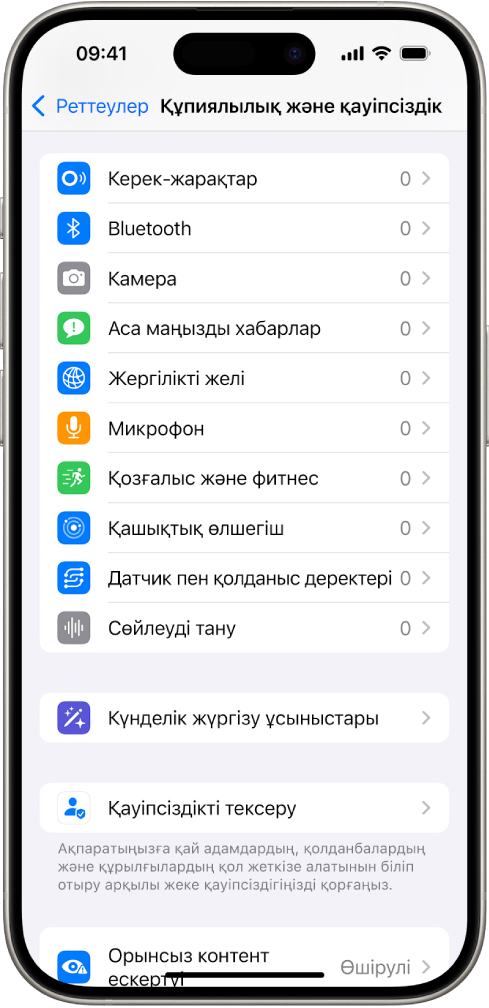 Қолданбалардың iPhone құрылғыңыздың камерасын, микрофонын және басқа бөліктерін пайдалана алатын-алмайтынын басқару реттеулері бар«Құпиялылық және қауіпсіздік» экраны.