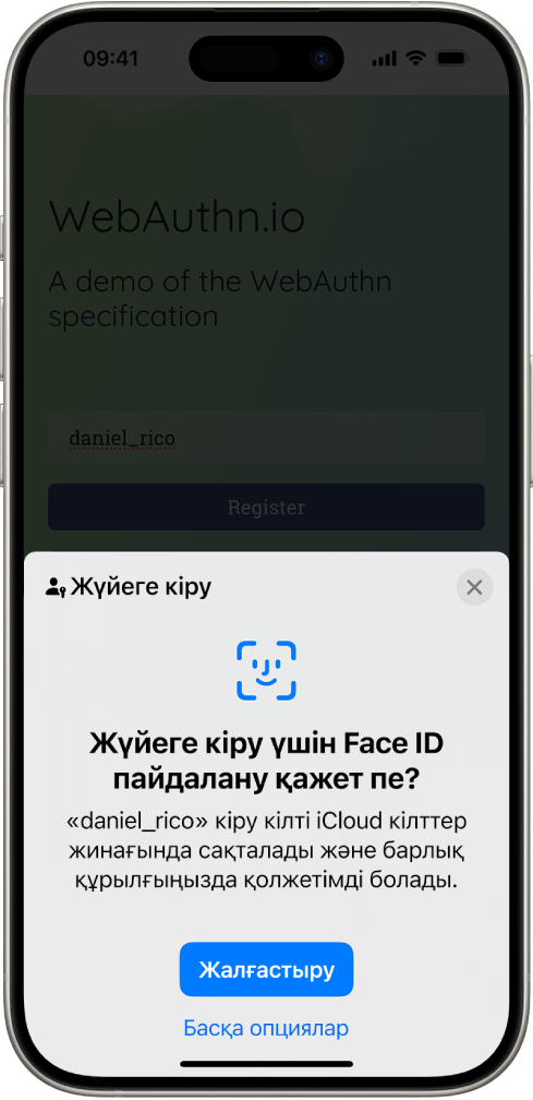 Аккаунт үшін кіру кілт сақталған кезде пайда болатын кіру экраны. «Жалғастыру» және «Басқа опциялар» түймелері экранның төменгі жағында орналасқан.