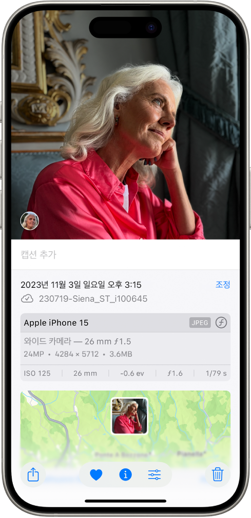 사진 앱에 사진이 열려 있음. 화면 하단에는 위에서 아래로 날짜 및 시간, 파일 이름, iPhone 모델 및 카메라 설정, 사진을 찍은 위치의 지도를 포함하는 사진 정보가 표시됨.