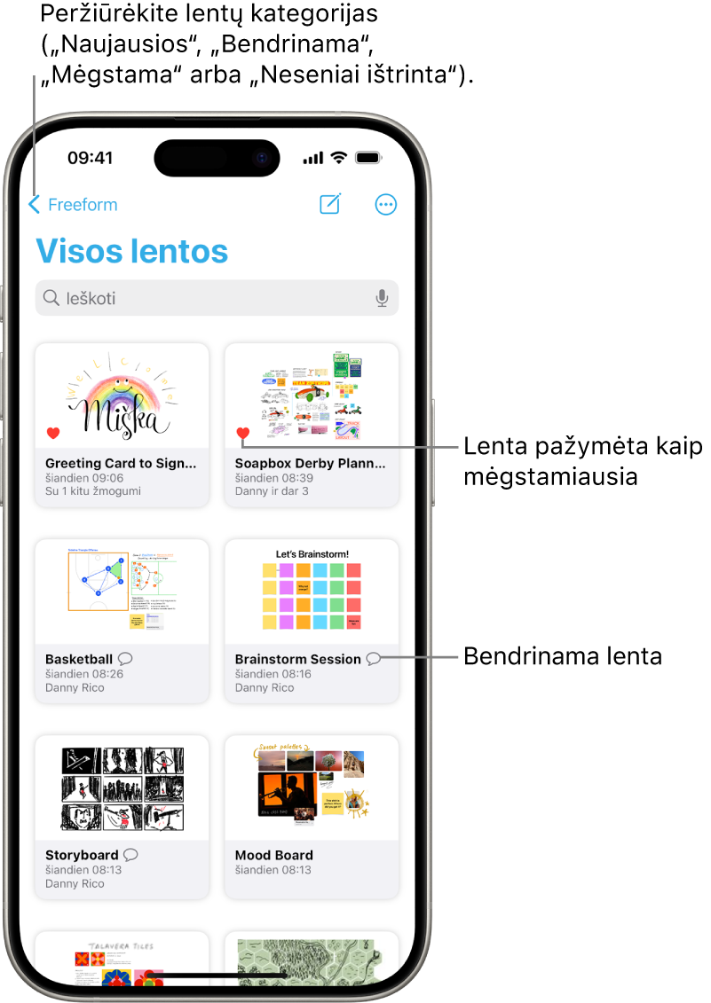 Ekranas „Visos „Freeform“ lentos“ atidarytas ir jame rodomos aštuonios lentų miniatiūros.