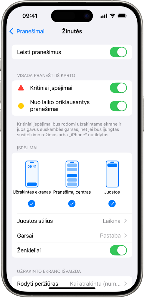 „iPhone“ su „Žinutės“ pranešimų ir įspėjimų nustatymais.