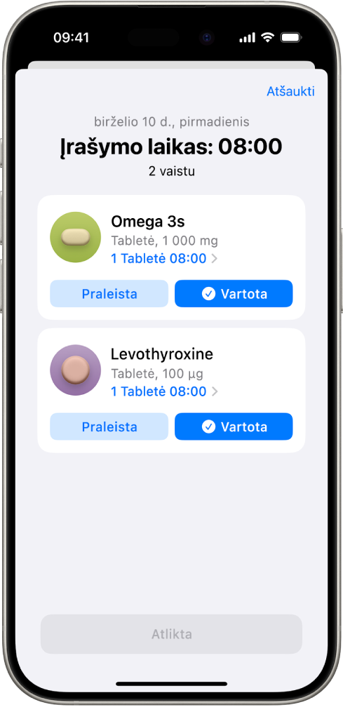 Programos „Sveikata“ ekranas „Vaistai“, kuriame matosi vaistų žurnalas.