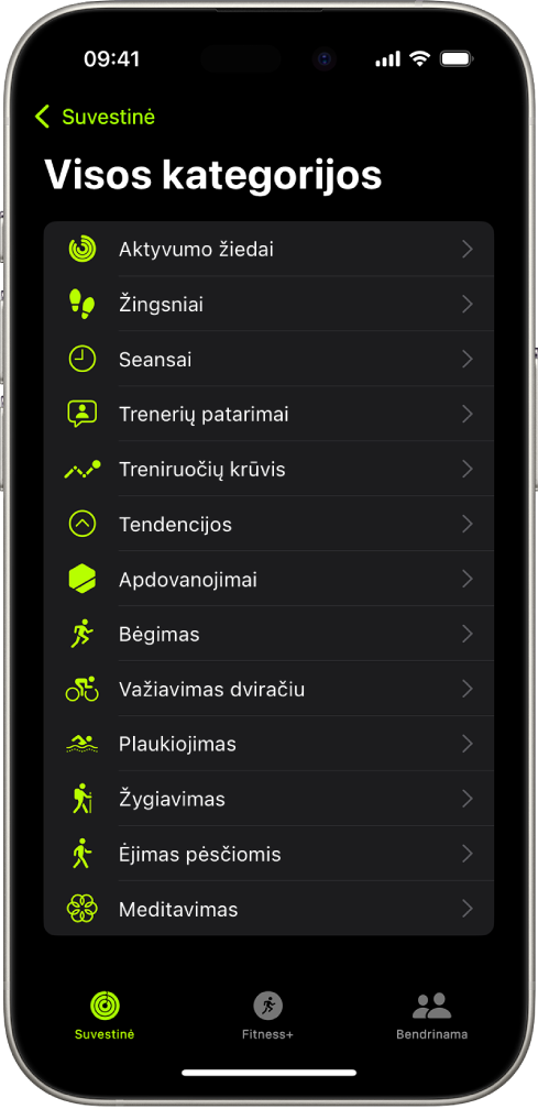 Ekrane „Fitness“ rodomas kūno rengybos kategorijų sąrašas.