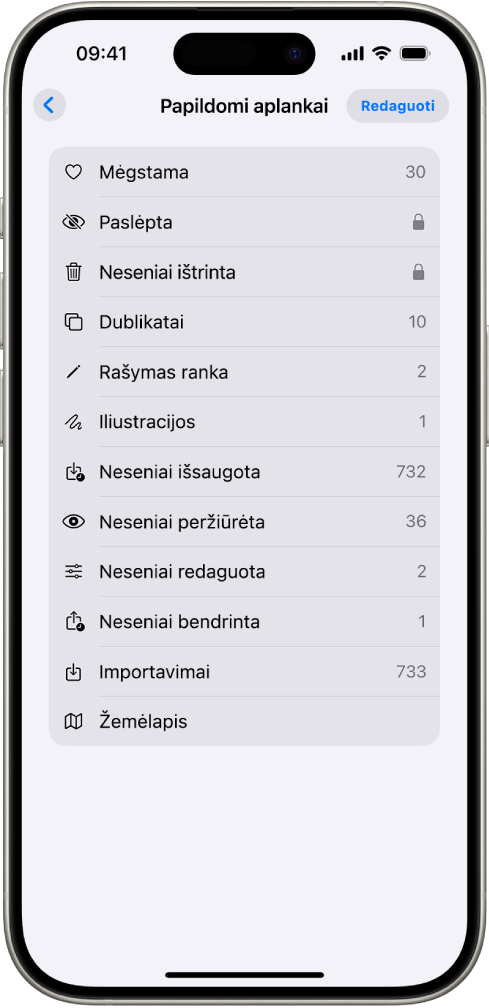 Programoje „Nuotraukos“ atidaryta skiltis „Papildomi aplankai“, kurioje pateikiamas nuotraukų kolekcijų sąrašas.