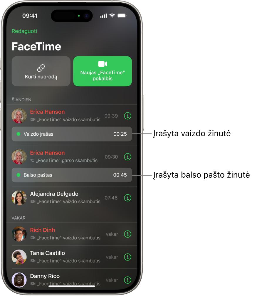 „FaceTime“ skambučių istorija, kurioje rodomos nuorodos į įrašytą vaizdo žinutę ir balso paštą.