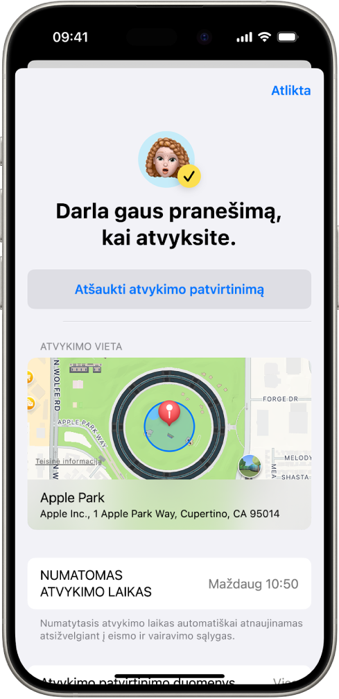 „Atvykimo patvirtinimas“ ekrane rodoma, kad draugui bus pranešta po 14 minučių, o toliau pateikiamos parinktys, kuriomis galima pratęsti laiką arba atšaukti funkciją „Atvykimo patvirtinimas“. Apačioje esančiame žemėlapyje rodoma dabartinė vieta.