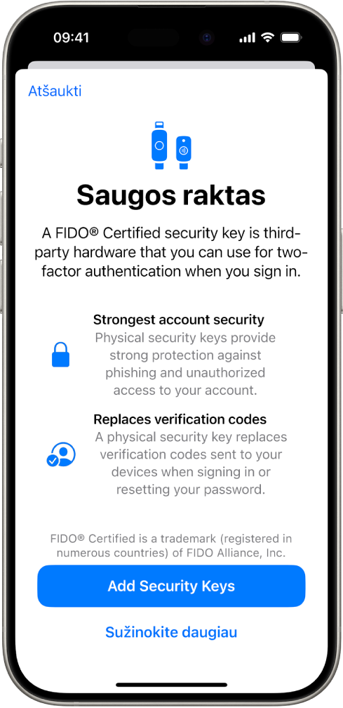 „Saugos raktai“ pasveikinimo ekranas. Šalia apačios yra mygtukas „Įtraukti saugos raktus“ ir nuoroda „Sužinoti daugiau“. Virš jų yra aiškinamasis tekstas apie saugos raktų naudojimo naudą.