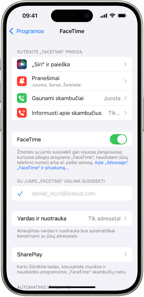 „FaceTime“ ekranas „Nustatymai“, kuriame rodomas „FaceTime“ įjungimo arba išjungimo perjungiklis ir laukas, kuriame rodoma „Apple“ paskyra, kad galėtumėte naudotis „FaceTime“.