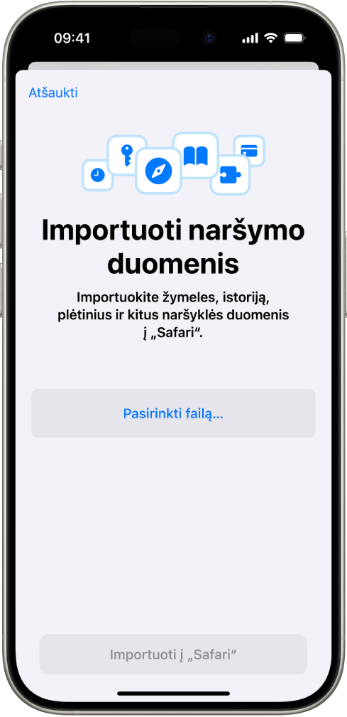 Ekrane „Naršymo duomenų importavimas“ rodomi duomenys iš kitos naršyklės, kurie bus importuoti į „Safari“.