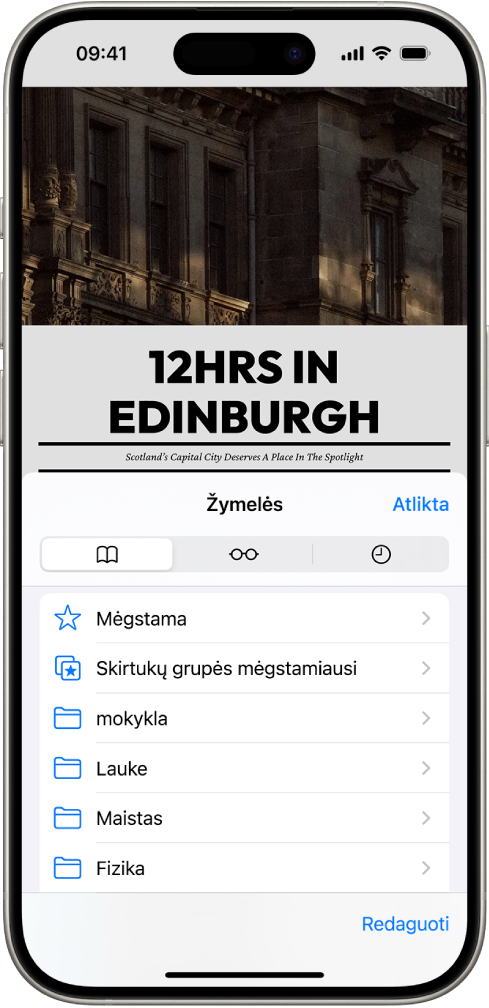 Ekranas „Žymelės“ su parinktimis peržiūrėti žymeles, „Skaitymo sąrašą“ ir naršymo istoriją.