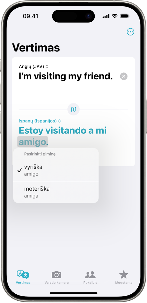 Kortelė „Vertimas“, kurioje rodoma iš anglų į ispanų kalbą išversta frazė ir pilkai paryškintas žodis su skirtingais lyčių variantais.