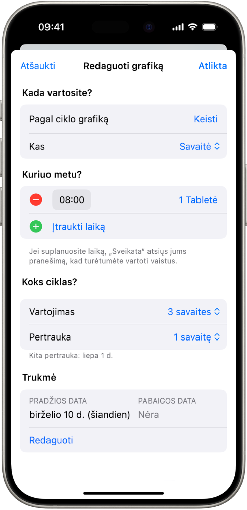 Programos „Sveikata“ ekranas „Vaistai“, kuriame pateikiamos vaistų vartojimo grafiko keitimo parinktys.